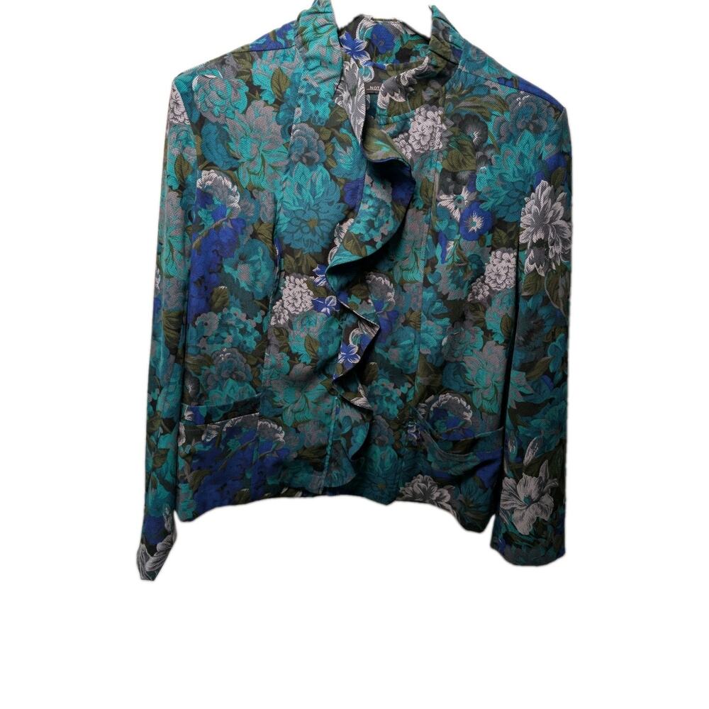 Notations Womens Long Sleeve Floral Teal Blue Blazer Jacket Size XL Old Money